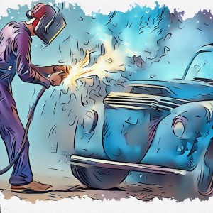 Welder at work on the bodywork of a blue car, cartoon style